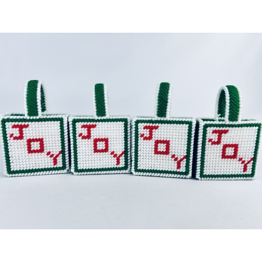 Gift Baskets Ornament Needlepoint Handmade "Joy & Poinsettia" Red Green Lot Of 4